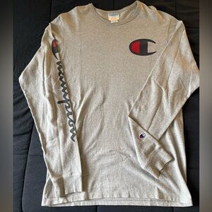 Champion Heather Gray Crewneck with Red and Black Logo